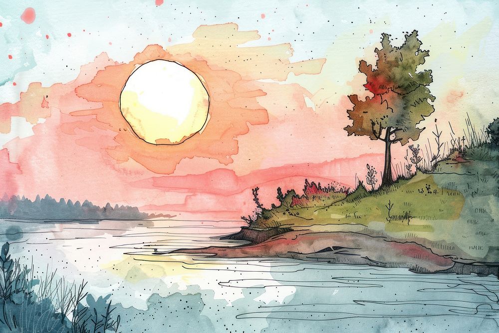 River sunrise water art painting.