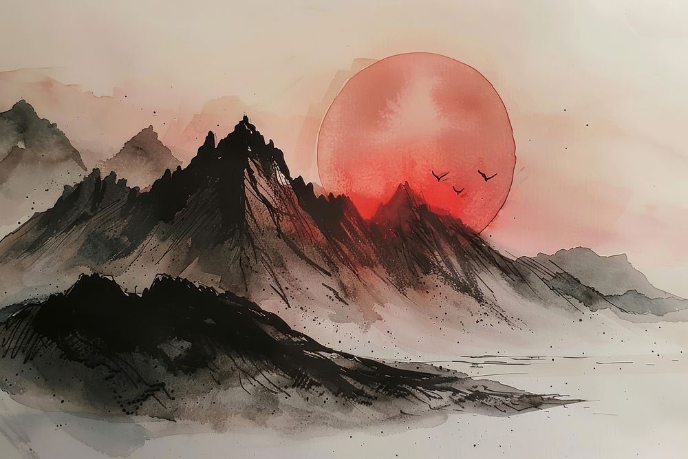 Sunrise mountain sketch art illustrated.