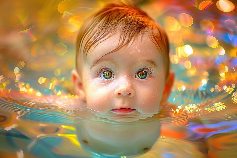Baby swimming intently photography recreation portrait.