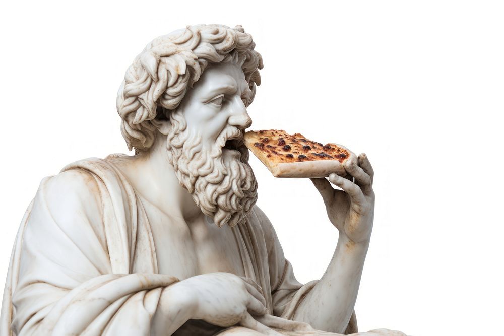 Close-up Greek sculpture eating pizza person human food.
