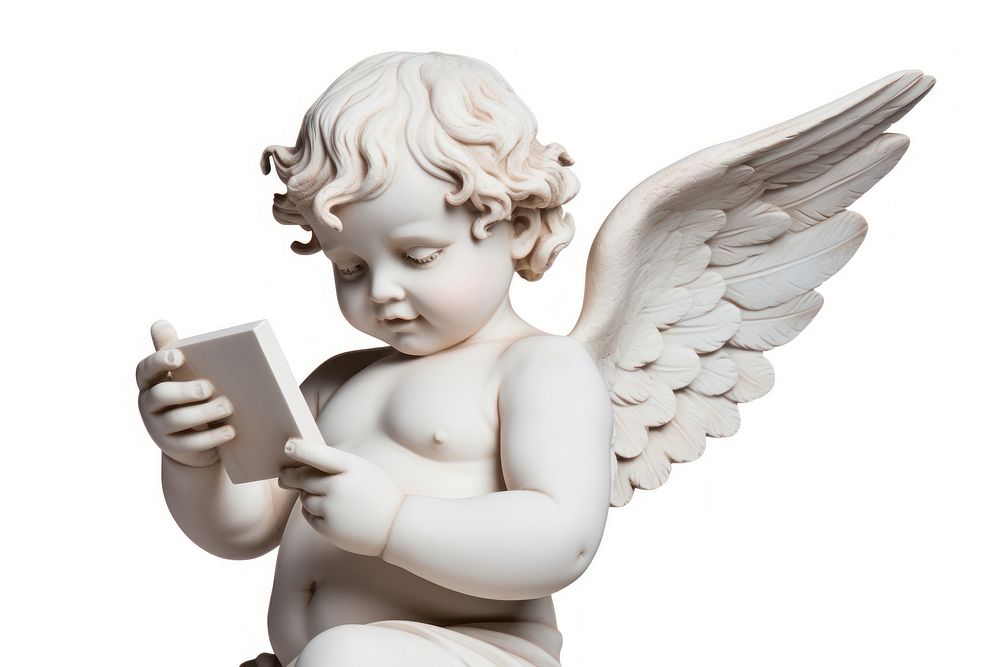 Cupid Greek sculpture holding phone archangel person human.