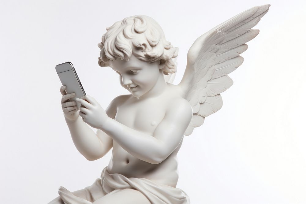 Cupid Greek sculpture holding phone electronics archangel person.