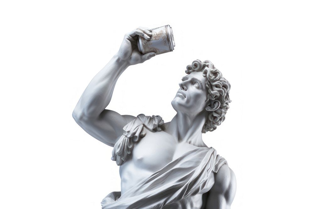 Greek sculpture person holding soda can statue human art.