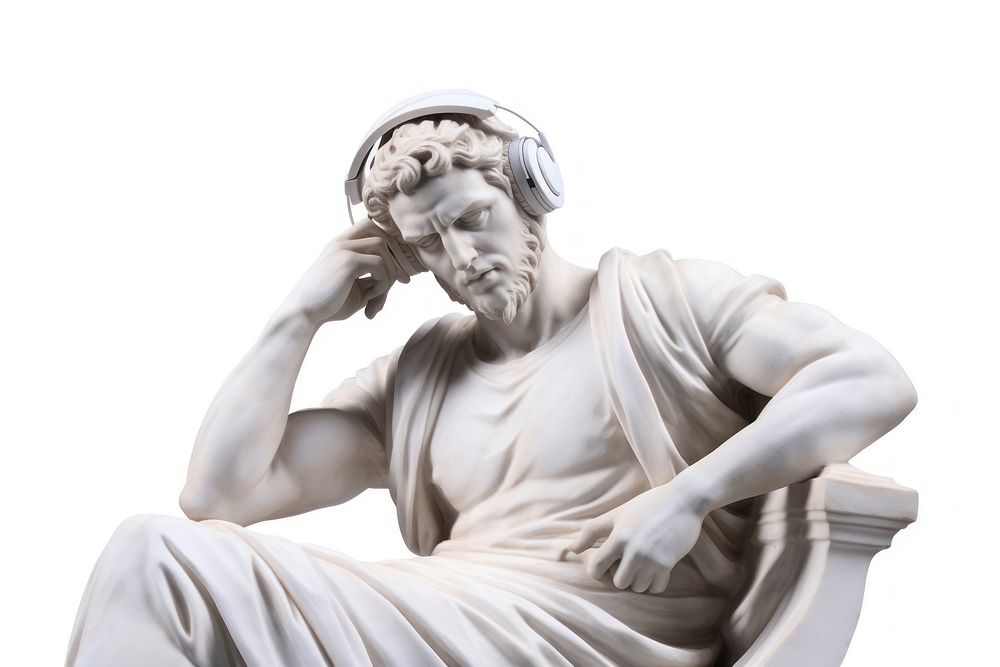 Greek sculpture person listening to music electronics headphones clothing.