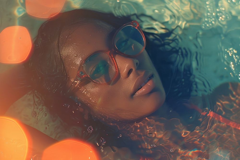 Women lying down in the sun wearing glasses on the pool photo photography accessories.