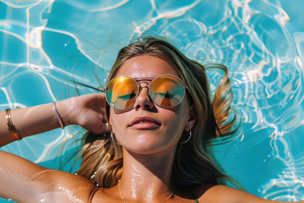 Women lying down in the sun wearing glasses on the pool photo accessories photography.