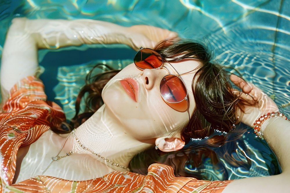 Women lying down in the sun wearing sunglasses on the pool photo accessories photography.