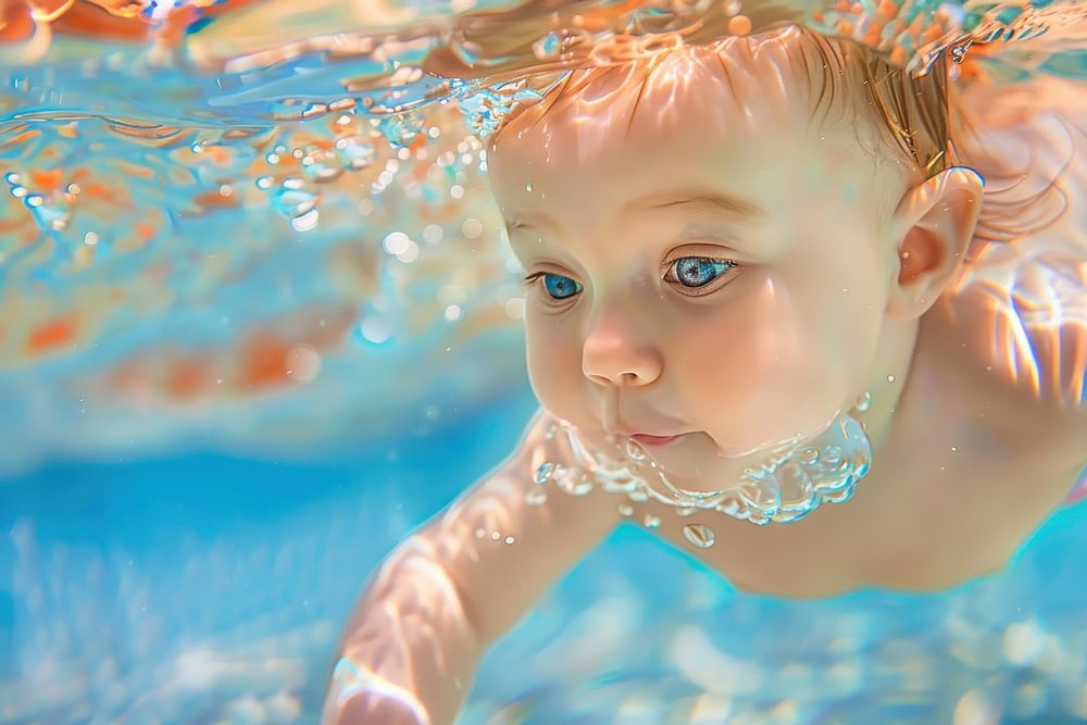 Baby swimming underwater photography recreation portrait.