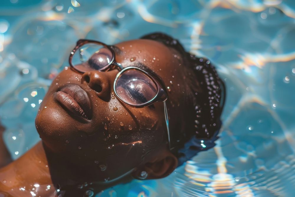 Black women lying down in the sun wearing glasses on the pool accessories recreation accessory.
