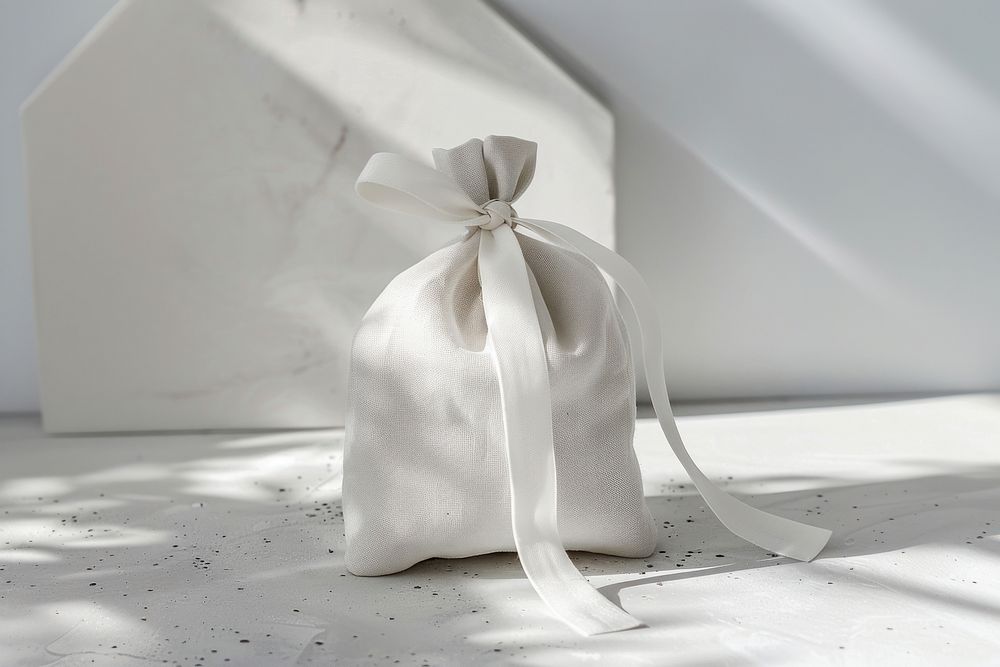 Small white linen fabric bag with ribbon product design.