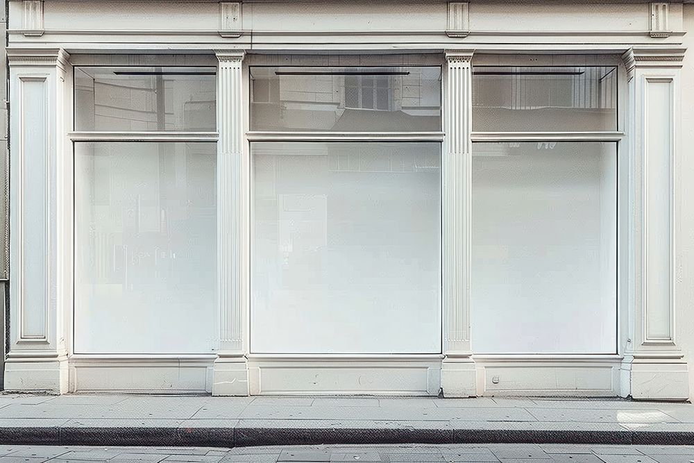 A blank white shop window mockup french window.