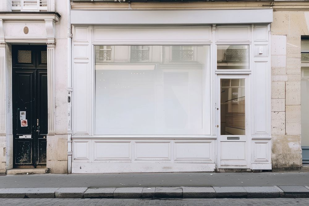 A blank white shop window mockup urban bay window.