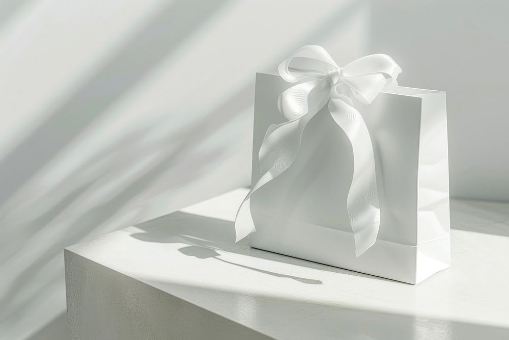 White gift bag with ribbon mockup.