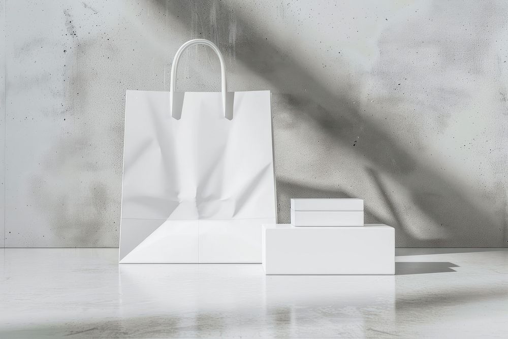 White closed jewelry box mockup white shopping bag mockup tote bag.