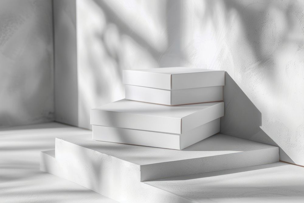 White closed jewelry boxes mockup architecture staircase furniture.