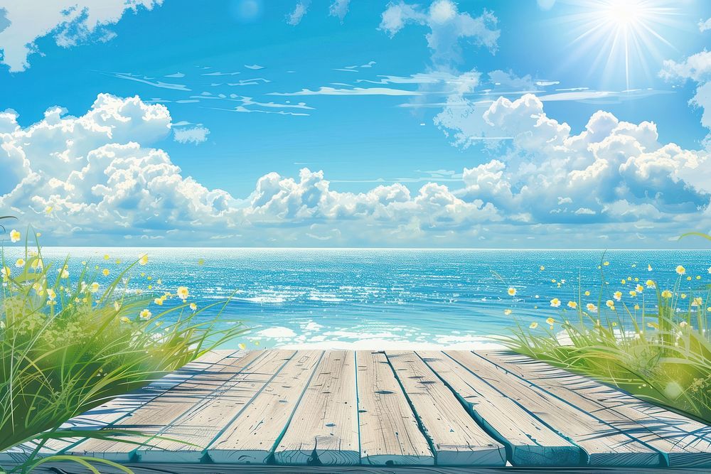 Summer background with empty table summer sky sea.