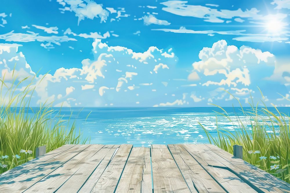 Summer background with empty table summer sky sea.