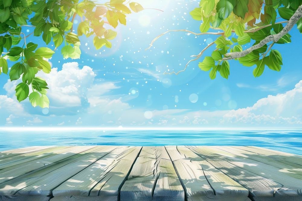 Summer background with empty table summer sea sky.