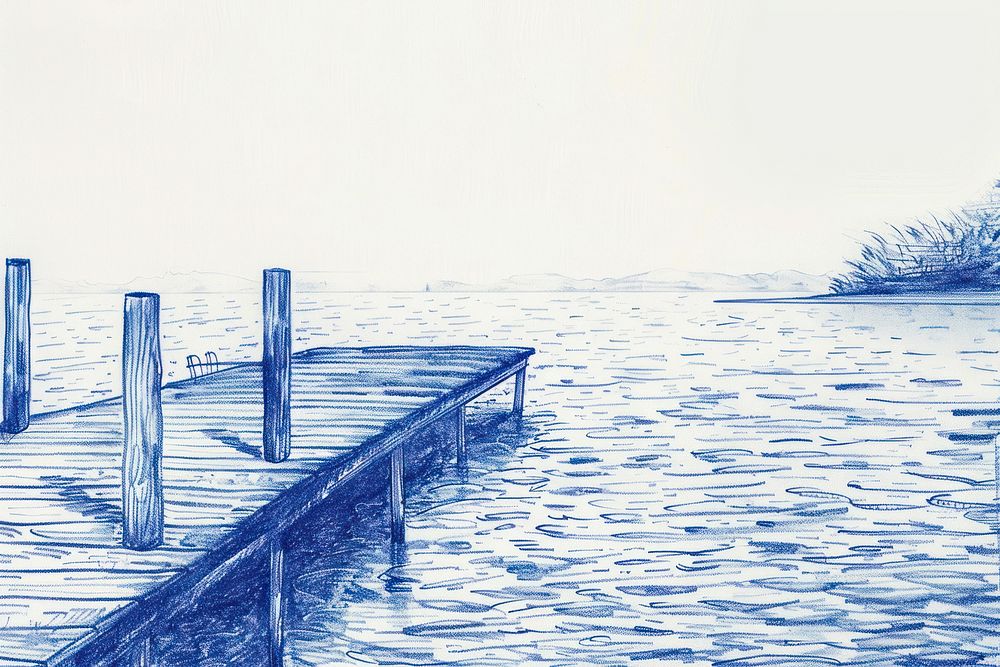 Vintage drawing wooden pier sketch illustrated waterfront.