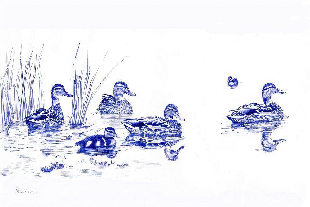 Vintage drawing ducks in lake sketch anseriformes illustrated.