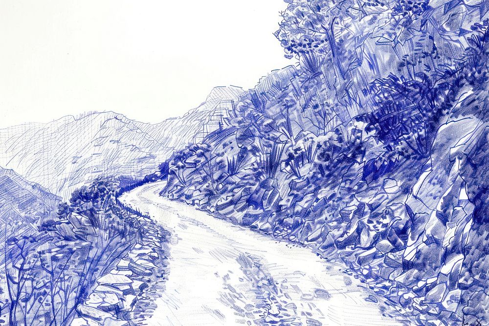 Vintage drawing road along the mountain sketch illustrated outdoors.