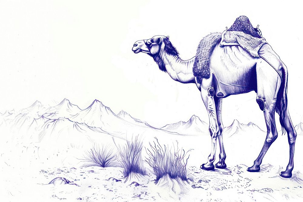 Vintage drawing camel in desert wildlife animal mammal.
