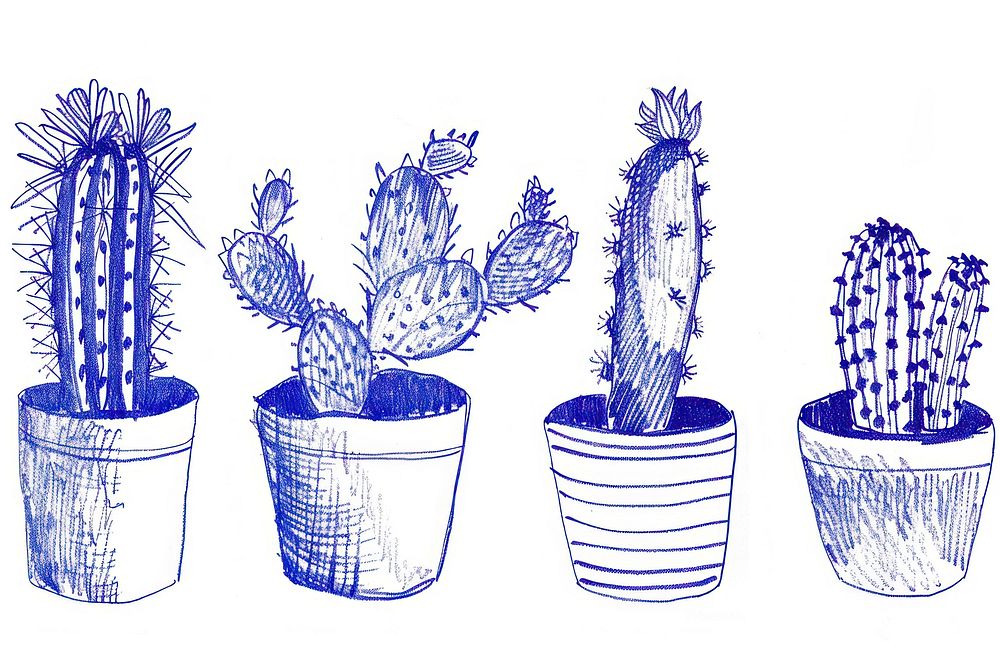 Vintage drawing cactus pots sketch illustrated plant.
