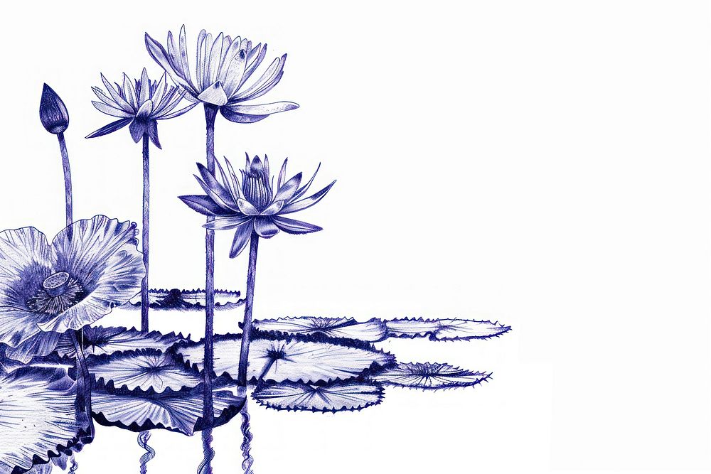 Vintage drawing lotus in lake sketch illustrated blossom.