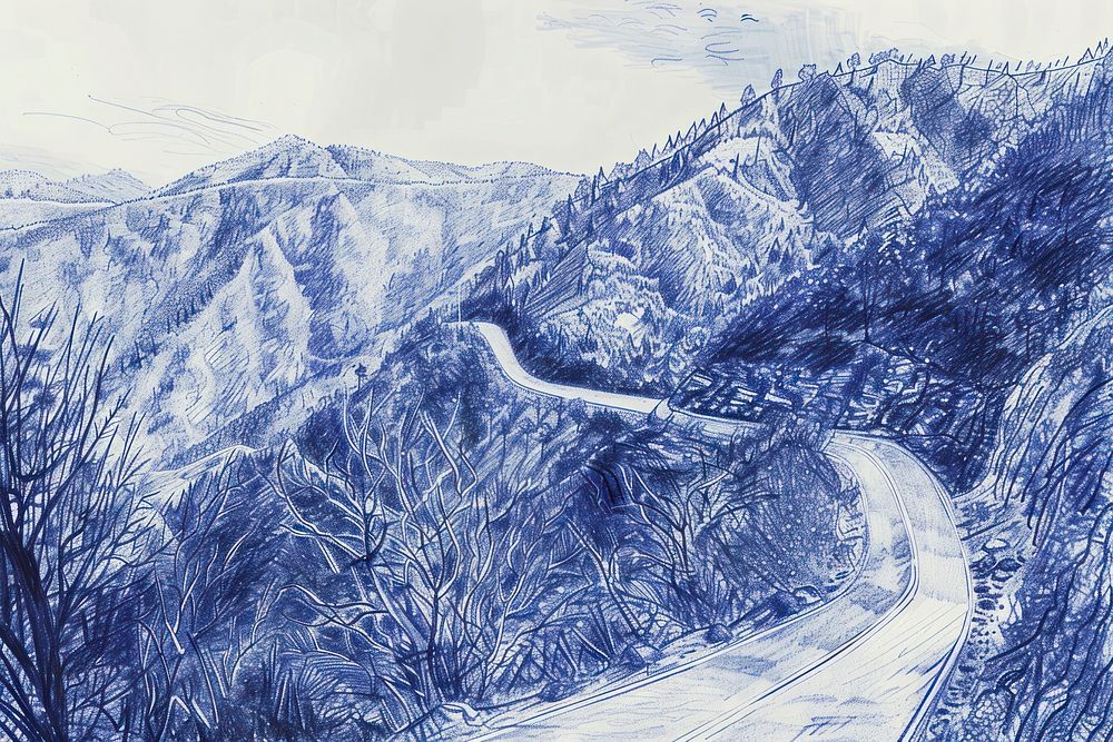 Vintage drawing road along the mountain outdoors scenery nature.