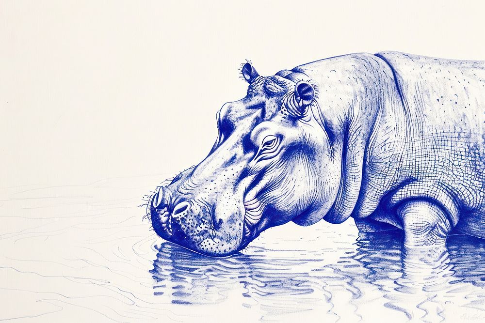Vintage drawing hippo in lake wildlife animal mammal.