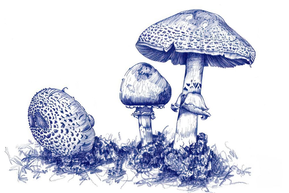Vintage drawing mushrooms sketch illustrated amanita.