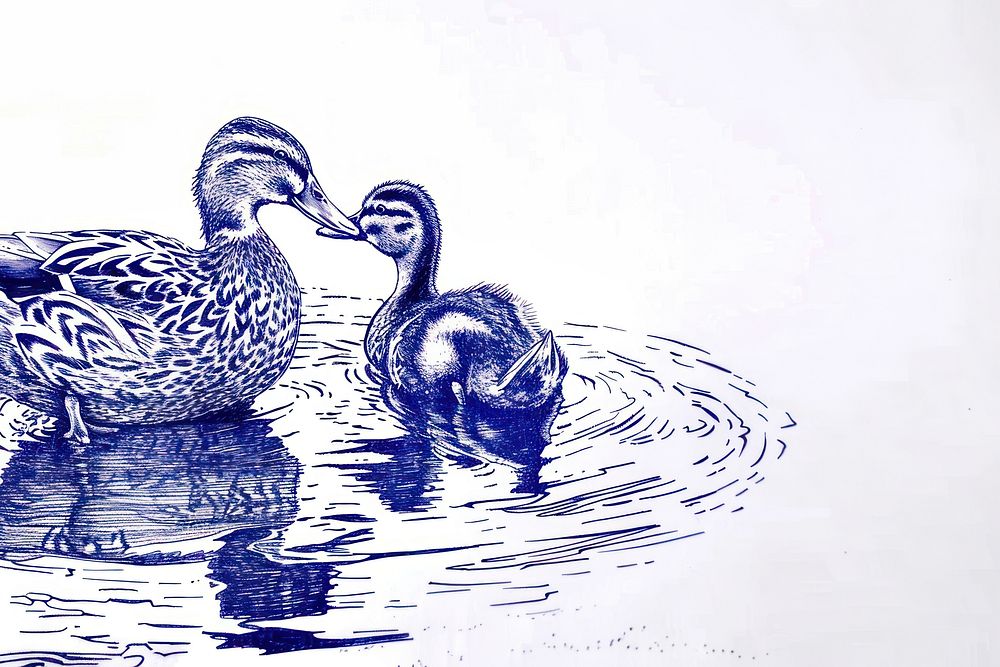 Vintage drawing ducks in lake anseriformes waterfowl outdoors.