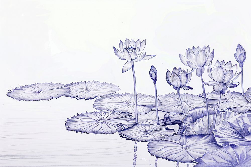 Vintage drawing lotus in lake sketch illustrated blossom.