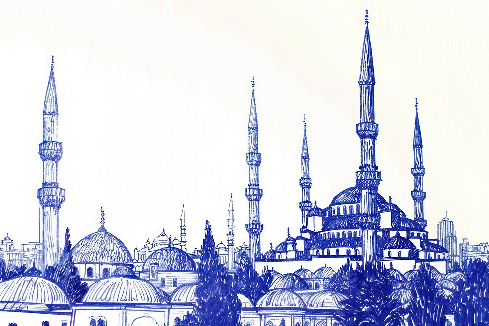 Vintage drawing mosque architecture building steeple.