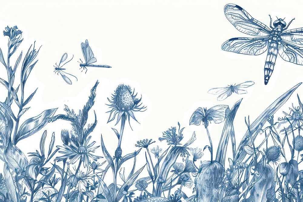 Vintage drawing meadow and dragonflies sketch invertebrate illustrated.
