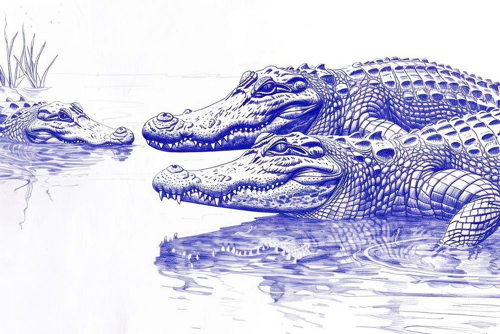 Vintage drawing crocodiles in lake alligator wildlife reptile.