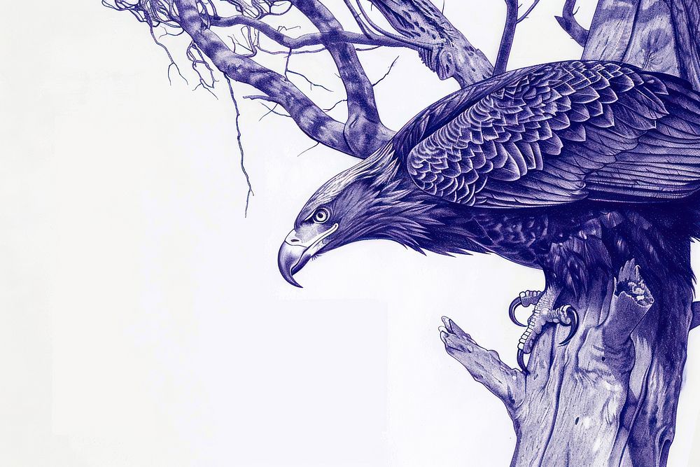 Vintage drawing eagle on tree sketch illustrated animal.