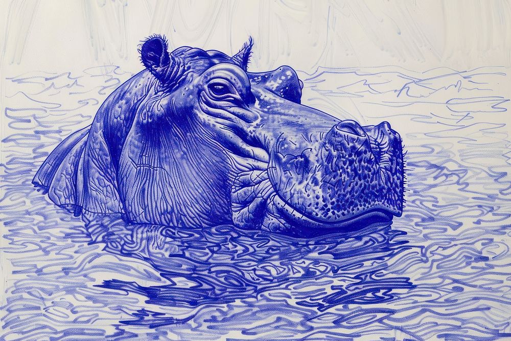Vintage drawing hippo in lake sketch illustrated wildlife.