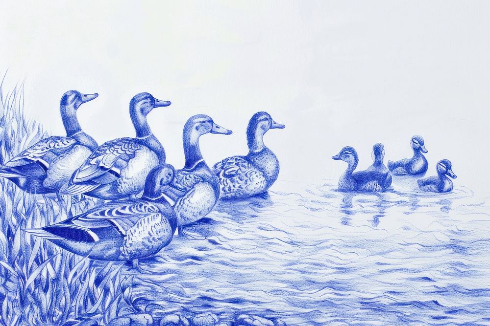 Vintage drawing ducks in lake anseriformes waterfowl animal.