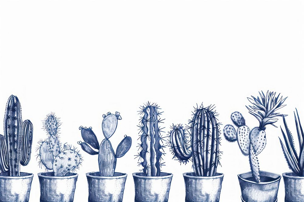 Vintage drawing cactus pots plant.