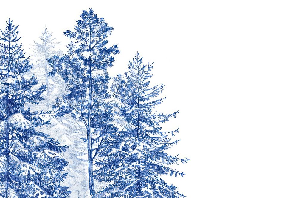 Vintage drawing pine trees in winter vegetation outdoors woodland.