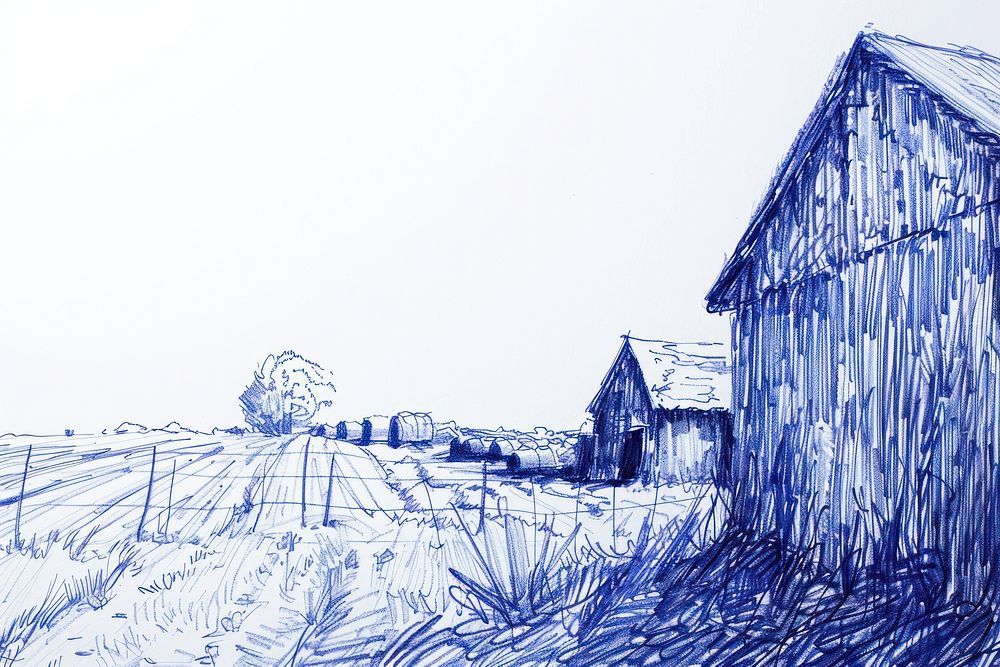 Vintage drawing farm sketch architecture countryside.