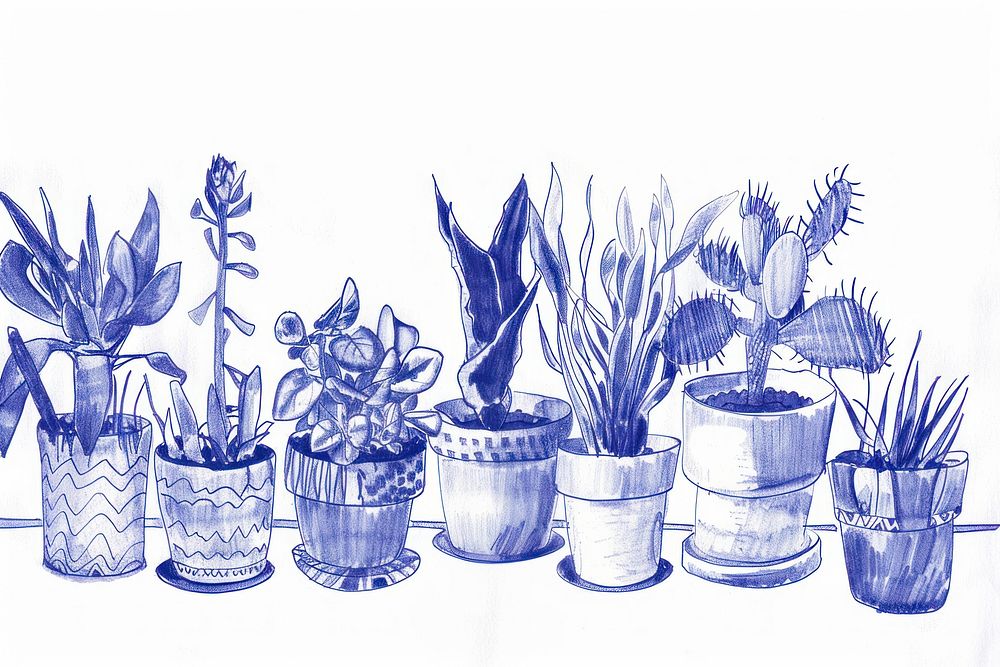 Vintage drawing plant pots sketch illustrated pottery.