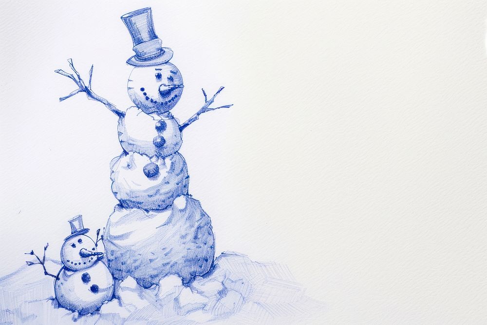Vintage drawing snowman outdoors nature winter.