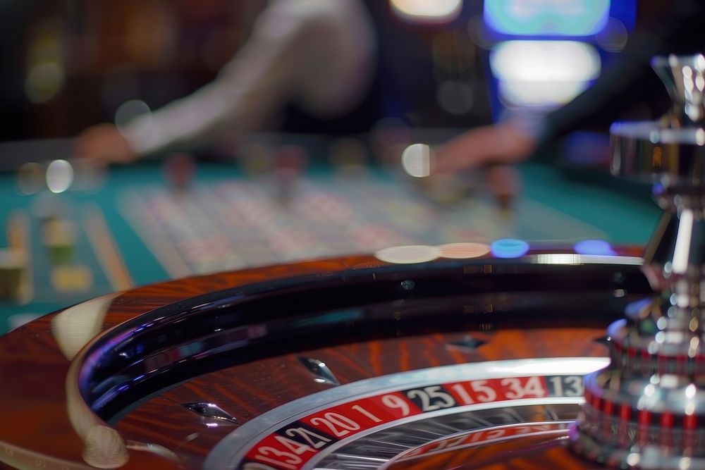 Electronic roulette wheel in casino with defocused people in background gambling person urban.