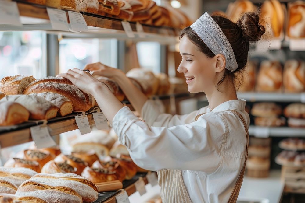 Woman bakery owner add bread to store shelf female person burger.