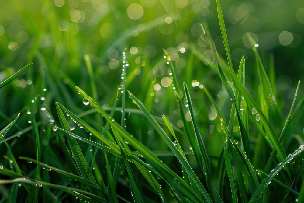 Morning dew on spring grass outdoors droplet plant.