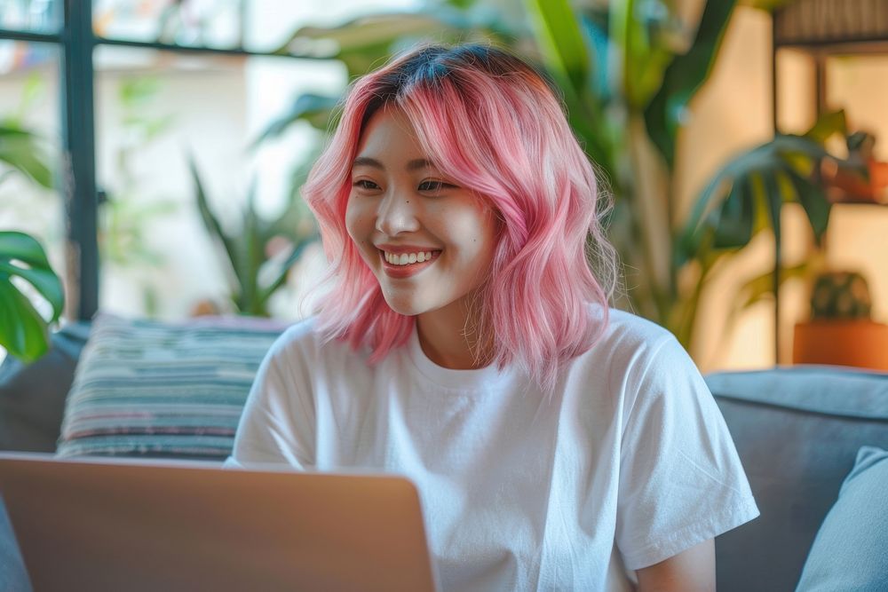 Young Asian woman laptop hair electronics.