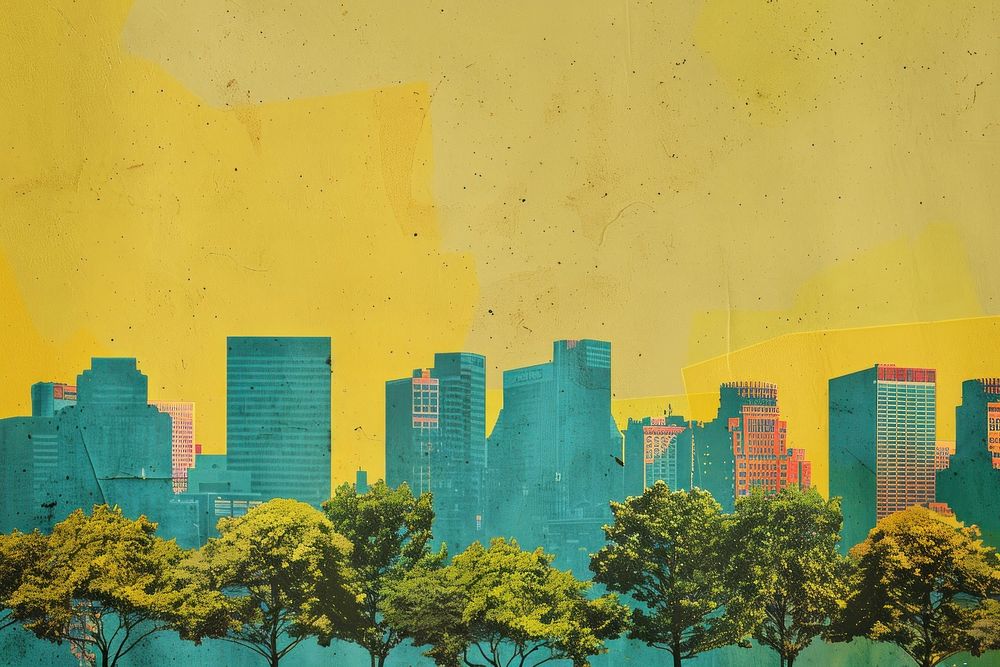Retro collage of cityscape with trees architecture metropolis painting.