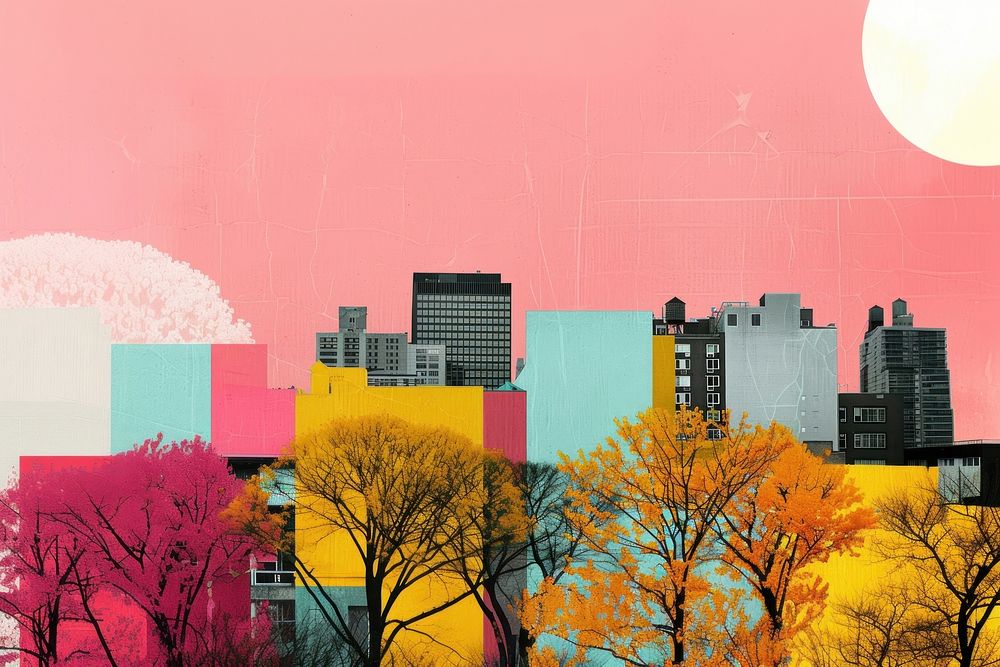 Retro collage of cityscape with trees neighborhood architecture painting.